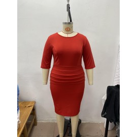 Plus Size Crew Neck Bodycon Dress, Elegant 3/4 Sleeve Midi Dress For Party, Women's Plus Size Clothing