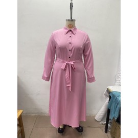 Plus Size Button Front Collared Dress, Casual Long Sleeve Belted Maxi Dress, Women's Plus Size Clothing