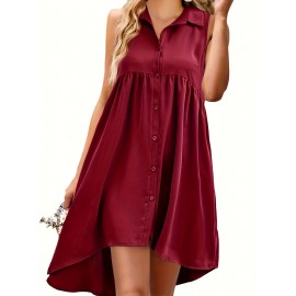 Big Size Women's Lapel Button Dress Summer Sleeveless Loose Front Short Back Length Irregular A-line Dress Lightweight Soft Comfortable Knee Short Dress Seaside Vacation Beach Dress Big Size Dresses