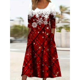 Plus Size Casual Dress, Women's Plus Snowflake & Plaid Print Long Sleeve Round Neck Dress With Pockets