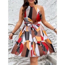 Plus Size Geo Print Halter Neck Dress, Elegant Sleeveless Belted Dress For Spring & Summer, Women's Plus Size Clothing