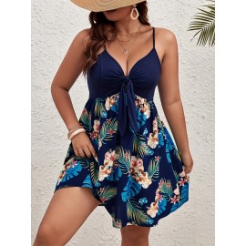 Plus Size Tropical Print Patchwork Cami Dress, Vacation Style Knot Front Sleeveless V Neck Dress For Spring & Summer, Women's Plus Size Clothing