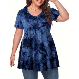 Plus Size Tie Dye Print T-Shirt, Casual V Neck Short Sleeve T-Shirt, Women's Plus Size Clothing