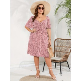 Plus Size V Neck Fitted A-Line Knee Length Wrap Dress with Pockets - Medium Stretch Polyester Floral Print Casual Party Dress for All Seasons