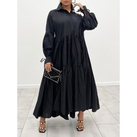 Plus Size Solid Color Collared Maxi Dress - Elegant Ruffle Hem Detailing, Comfortable Long Sleeve Design, Perfect for Casual Occasions - Suitable for Spring and Fall Seasons, Designed for Plus Size Women, Womens Clothing Collection