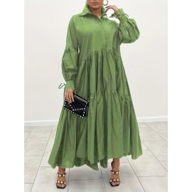 Plus Size Solid Color Collared Dress, Casual Ruffle Hem Long Sleeve Maxi Dress For Spring & Fall, Women's Plus Size Clothing