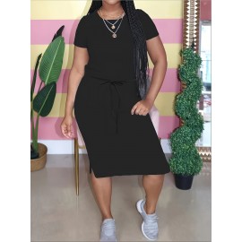 Plus Size Bodycon Crew Neck Belted Dress - Soft Medium Stretch Polyester, Casual Short Sleeve Solid Color Split Bodycon Dress for Spring & Summer - All-Season Wear, No Sheer, Knit Fabric, No Printing