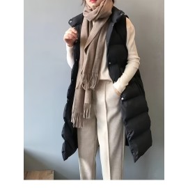 Plus Size Women's Puffer Vest - Casual Solid Color Front Button Down Design, Includes Scarf for Winter, Cozy and Warm Plus Size Women's Puffer Vest - Casual Solid Color Front Button Down Design, Includes Scarf for Winter, Cozy and Warm