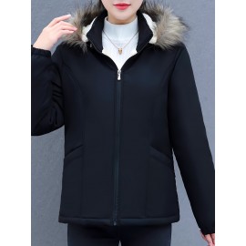 Women's Short Sleeve Winter Coat , Faux Fur Hooded Jacket, Casual Polyester Pullover, Solid Color, Regular Fit, Long Sleeve, No Belt, Zipper Front, Winter Fashion