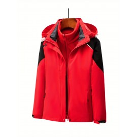 Women's Plus Size Outdoor 3-in-1 Jacket, Colorblock Waterproof Hooded Zip-up Windbreaker, Ideal For Autumn/Winter Hiking & Sports Women's Plus Size Outdoor 3-in-1 Jacket, Colorblock Waterproof Hooded Zip-up Windbreaker, Ideal For Autumn/Winter Hiking & Sports