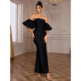 Elegant Off Shoulder Maxi Bodycon Bridesmaid Dress for Wedding Party, Plain Color Women's Clothing