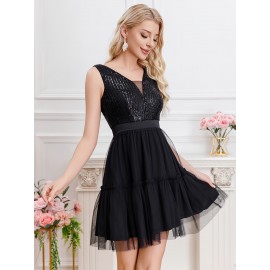 Sequin Plunging Cinched Waist Dress, Elegant Sleeveless Layered Mesh Hem Tank Dress For Party & Banquet, Women's Clothing Sequin Plunging Cinched Waist Dress, Elegant Sleeveless Layered Mesh Hem Tank Dress For Party & Banquet, Women's Clothing