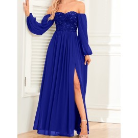 Women's Elegant Long-Sleeved Dress - Solid Color, Multi-Wear, One-Shoulder, High Slit, Tie, Fully Lined, Sequined Chiffon, Perfect for Wedding, Party, Cocktail Events