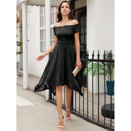 Women's Lace Cocktail Dress Hi-Lo Off Shoulder Bridesmaid Swing Formal Party Dress