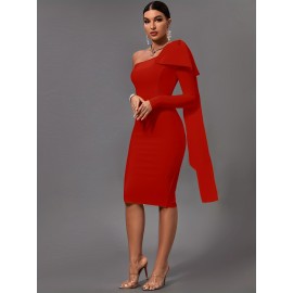 Women's Fashion Sexy Temperament Elegant Tight One Shoulder Long Sleeve Mid-Length Bandage Dress Party Cocktail Evening Dress