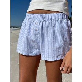 Striped Button Decor Shorts, Casual Beach Vacation Elastic Waist Shorts For Summer & Spring, Women's Clothing