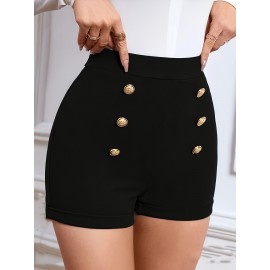 High Waist Womens Shorts - Fashionable Solid Color with Eye-Catching Buttons - Comfy Casual Style for Everyday Wear - A Trendy Closet Essential