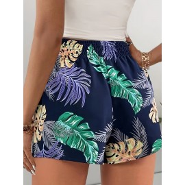 Stylish Women's Leaf Print Wide Leg Shorts - Casual Shirred Elastic High Waist Shorts for Spring & Summer