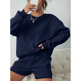 Casual Solid Color Shorts Set, Crew Neck Pullover Sweatshirt & Loose Comfy Shorts For Spring & Fall, Women's Clothing