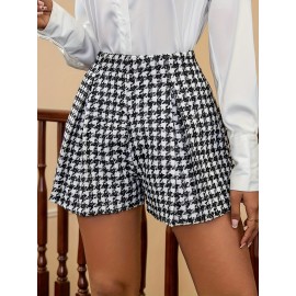 Elegant Women'S Houndstooth Shorts, Polyester Blend, Pleated High-Waisted Shorts, Woven Fabric, for Spring/Summer/Fall Elegant Women'S Houndstooth Shorts, Polyester Blend, Pleated High-Waisted Shorts, Woven Fabric, for Spring/Summer/Fall