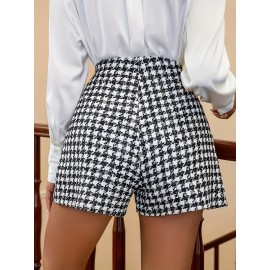 Elegant Women'S Houndstooth Shorts, Polyester Blend, Pleated High-Waisted Shorts, Woven Fabric, for Spring/Summer/Fall Elegant Women'S Houndstooth Shorts, Polyester Blend, Pleated High-Waisted Shorts, Woven Fabric, for Spring/Summer/Fall