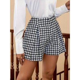 Elegant Women'S Houndstooth Shorts, Polyester Blend, Pleated High-Waisted Shorts, Woven Fabric, for Spring/Summer/Fall Elegant Women'S Houndstooth Shorts, Polyester Blend, Pleated High-Waisted Shorts, Woven Fabric, for Spring/Summer/Fall