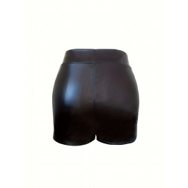 Elegant High-Waist Faux Leather Shorts for Women - Stretchy, Solid Color with V-Shaped Detail, Machine Washable Elegant High-Waist Faux Leather Shorts for Women - Stretchy, Solid Color with V-Shaped Detail, Machine Washable