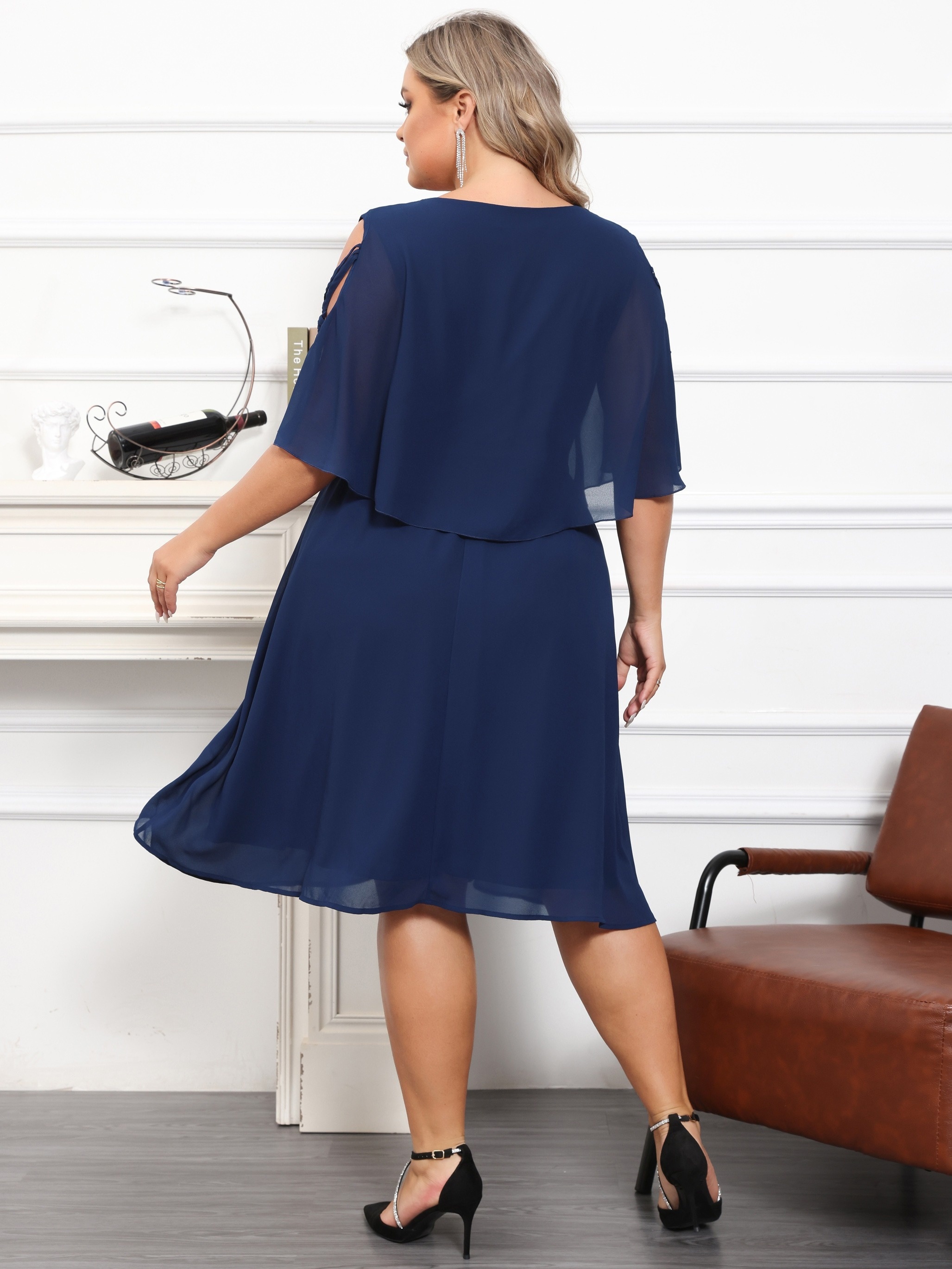 2 in 1 plus size solid cutout loose dress casual side cross irregular cape sleeve dress for spring summer womens plus size clothing details 4