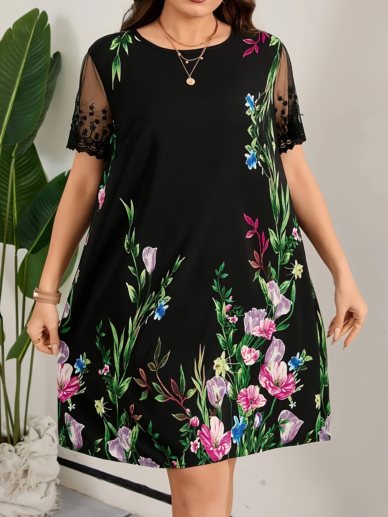 plus size floral print mesh stitching loose dress casual short sleeve dress for spring summer womens plus size clothing details 1