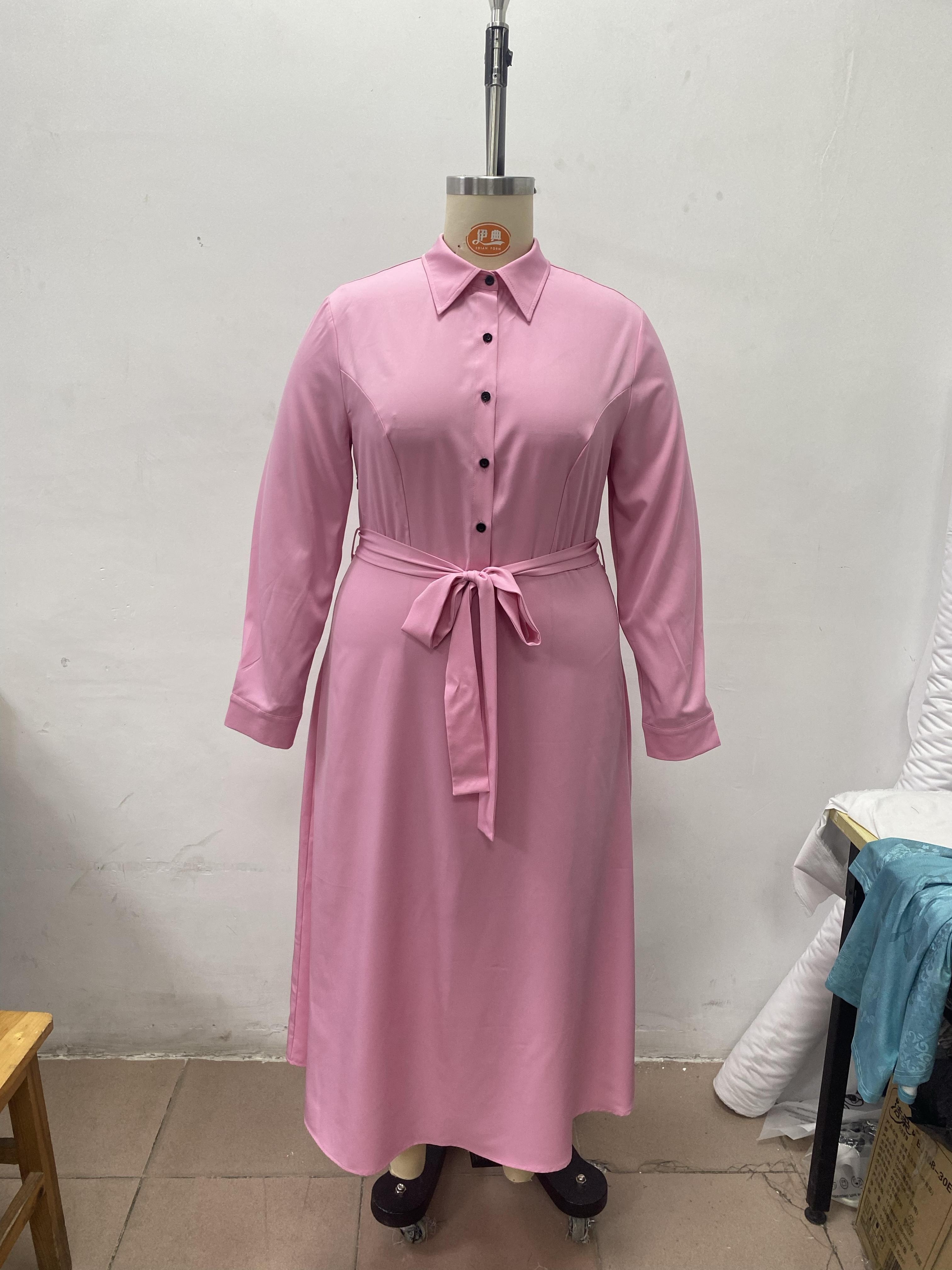 Plus Size Button Front Collared Dress, Casual Long Sleeve Belted Maxi Dress, Women s Plus Size Clothing details 1