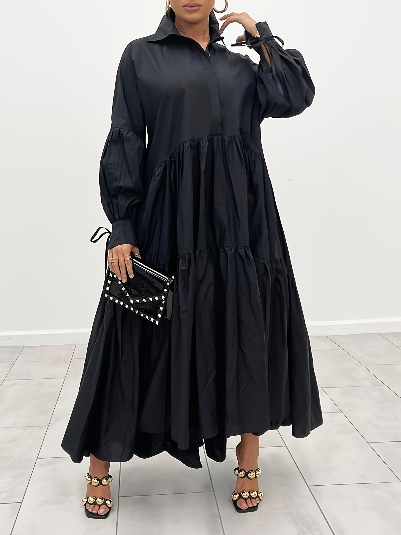 plus size solid color collared dress casual ruffle hem long sleeve maxi dress for spring fall womens plus size clothing details 1