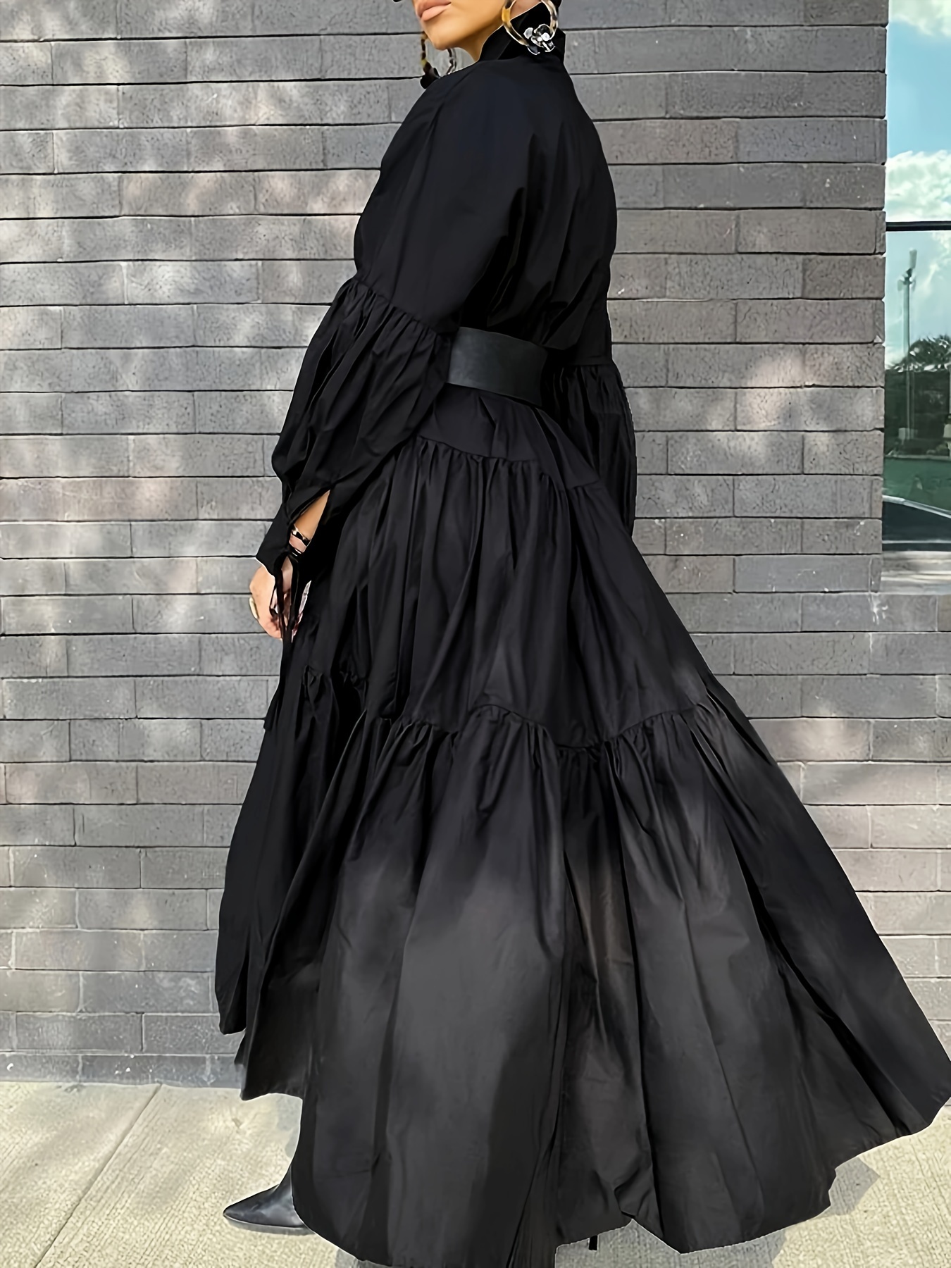 plus size solid color collared dress casual ruffle hem long sleeve maxi dress for spring fall womens plus size clothing details 4