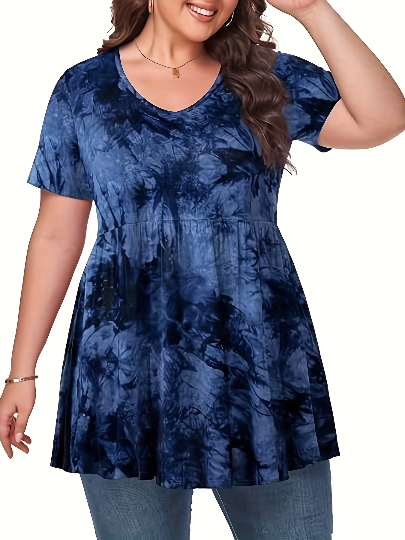 Plus Size Tie Dye Print T-Shirt, Casual V Neck Short Sleeve T-Shirt, Women s Plus Size Clothing details 1