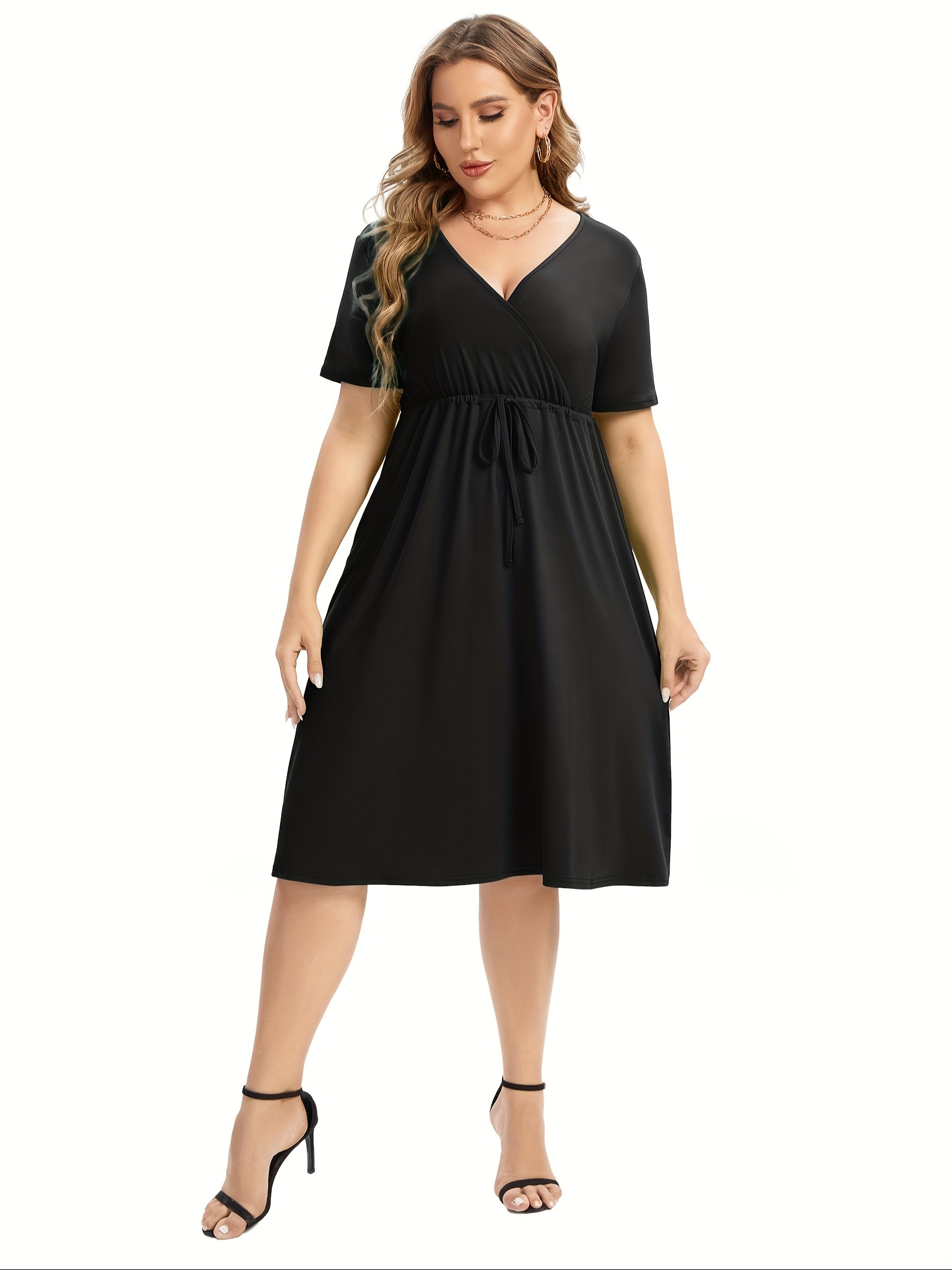 womens v neck a line knee length wrap swing dresses plus size a line party mini dress details 73