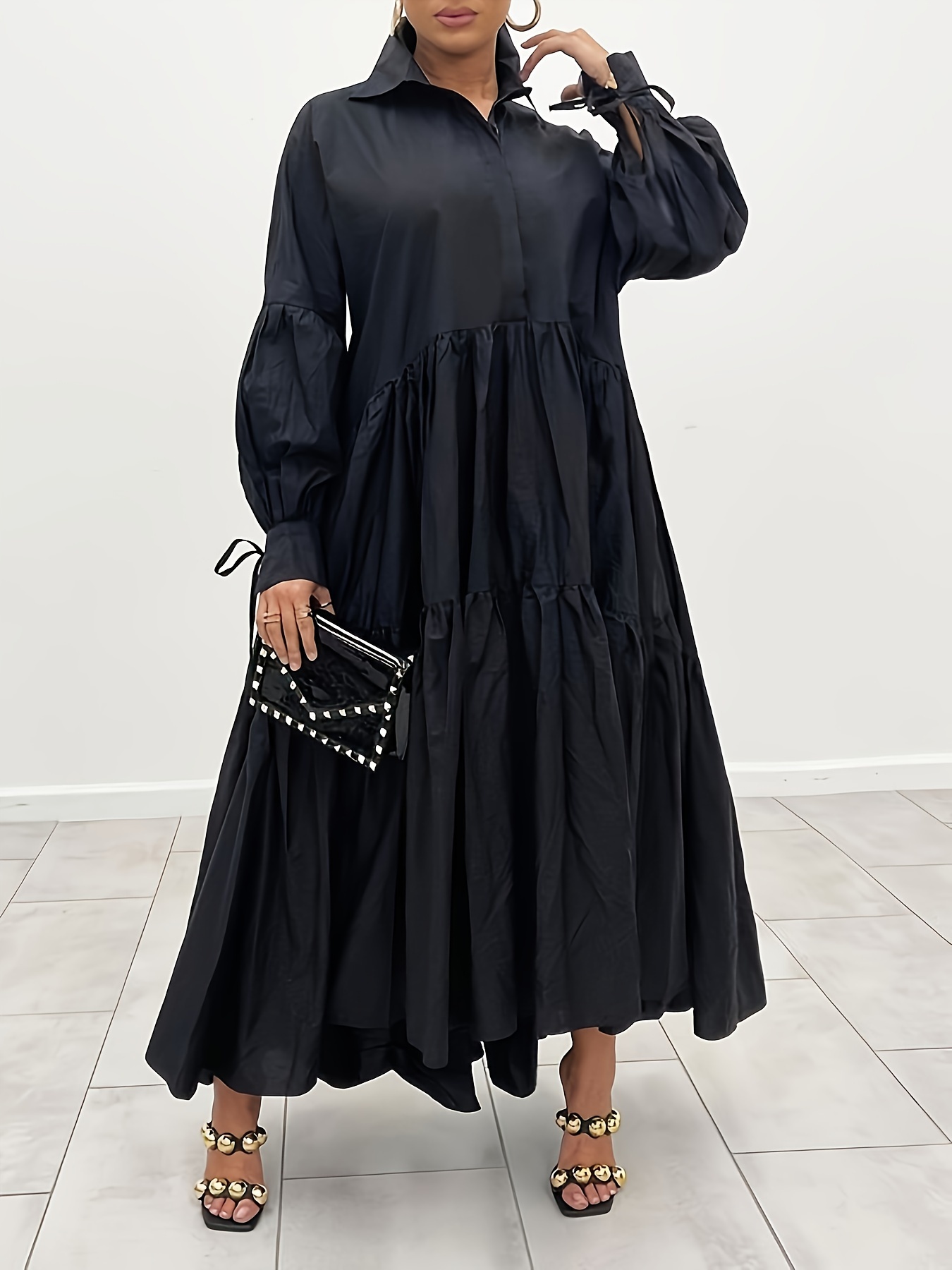 plus size solid lapel neck dress casual long sleeve ruffle hem tiered shirt dress for spring fall womens plus size clothing details 1