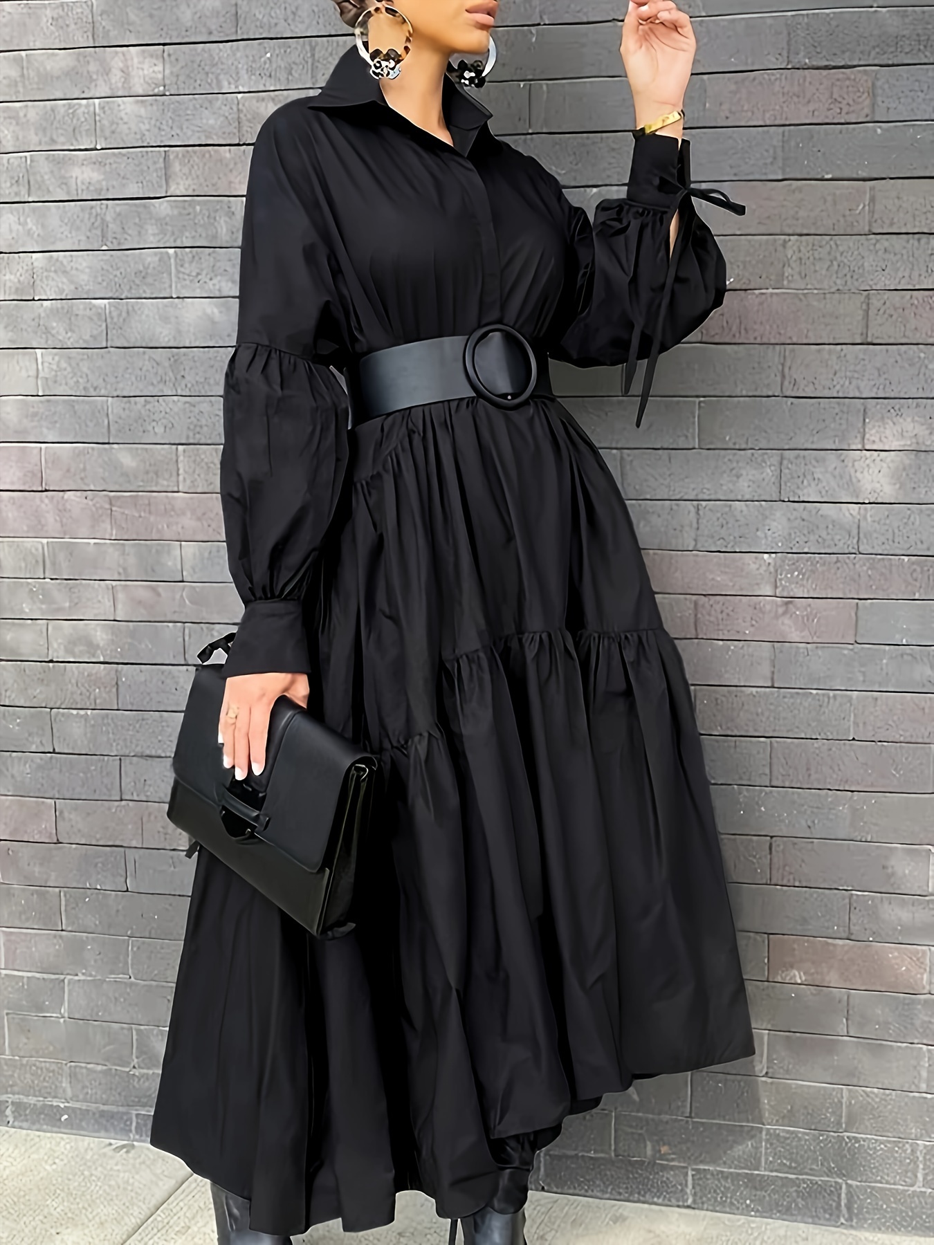 plus size solid lapel neck dress casual long sleeve ruffle hem tiered shirt dress for spring fall womens plus size clothing details 3