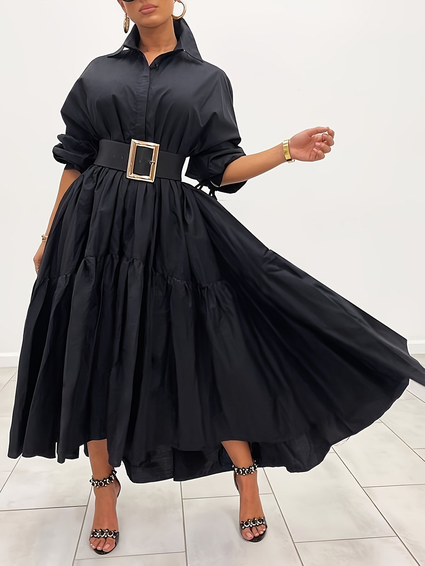 plus size solid lapel neck dress casual long sleeve ruffle hem tiered shirt dress for spring fall womens plus size clothing details 4