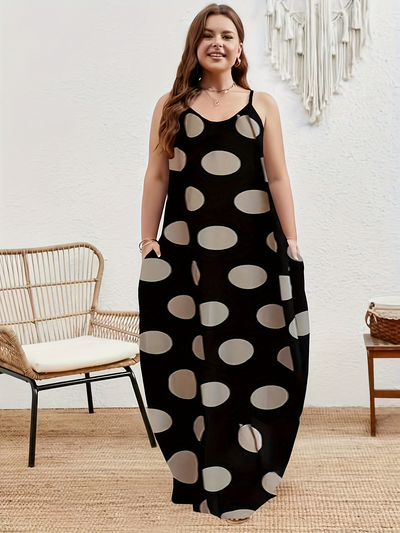 plus size polka dots print tank dress elegant sleeveless slant pockets strap dress for spring summer womens plus size clothing details 1