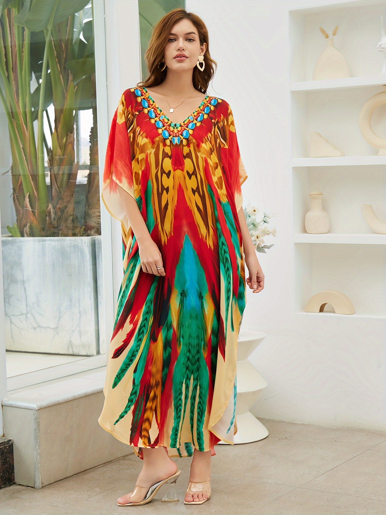 plus size allover print loose kaftan dress casual v neck batwing sleeve coverup maxi dress womens plus size clothing details 0