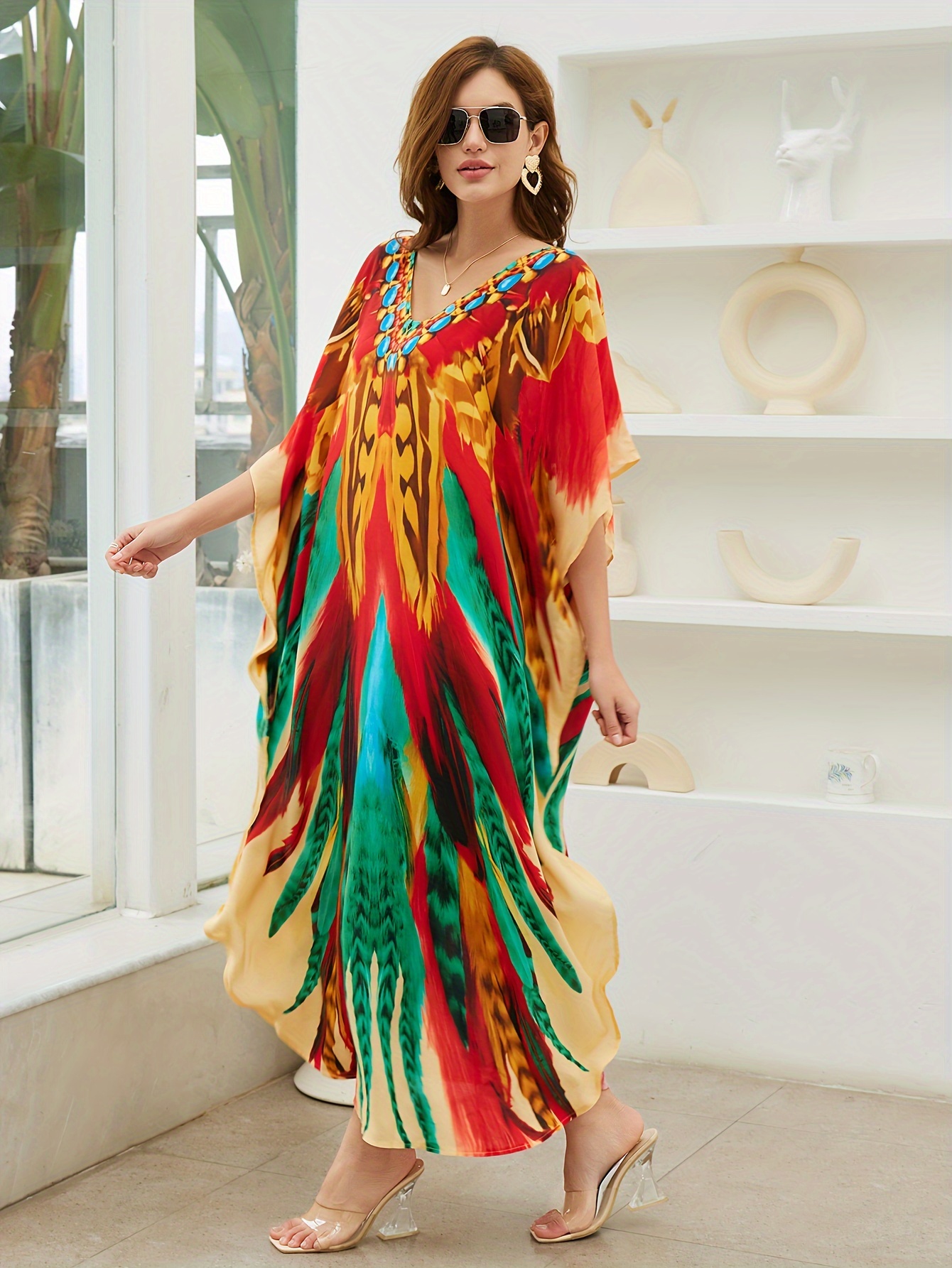 plus size allover print loose kaftan dress casual v neck batwing sleeve coverup maxi dress womens plus size clothing details 1