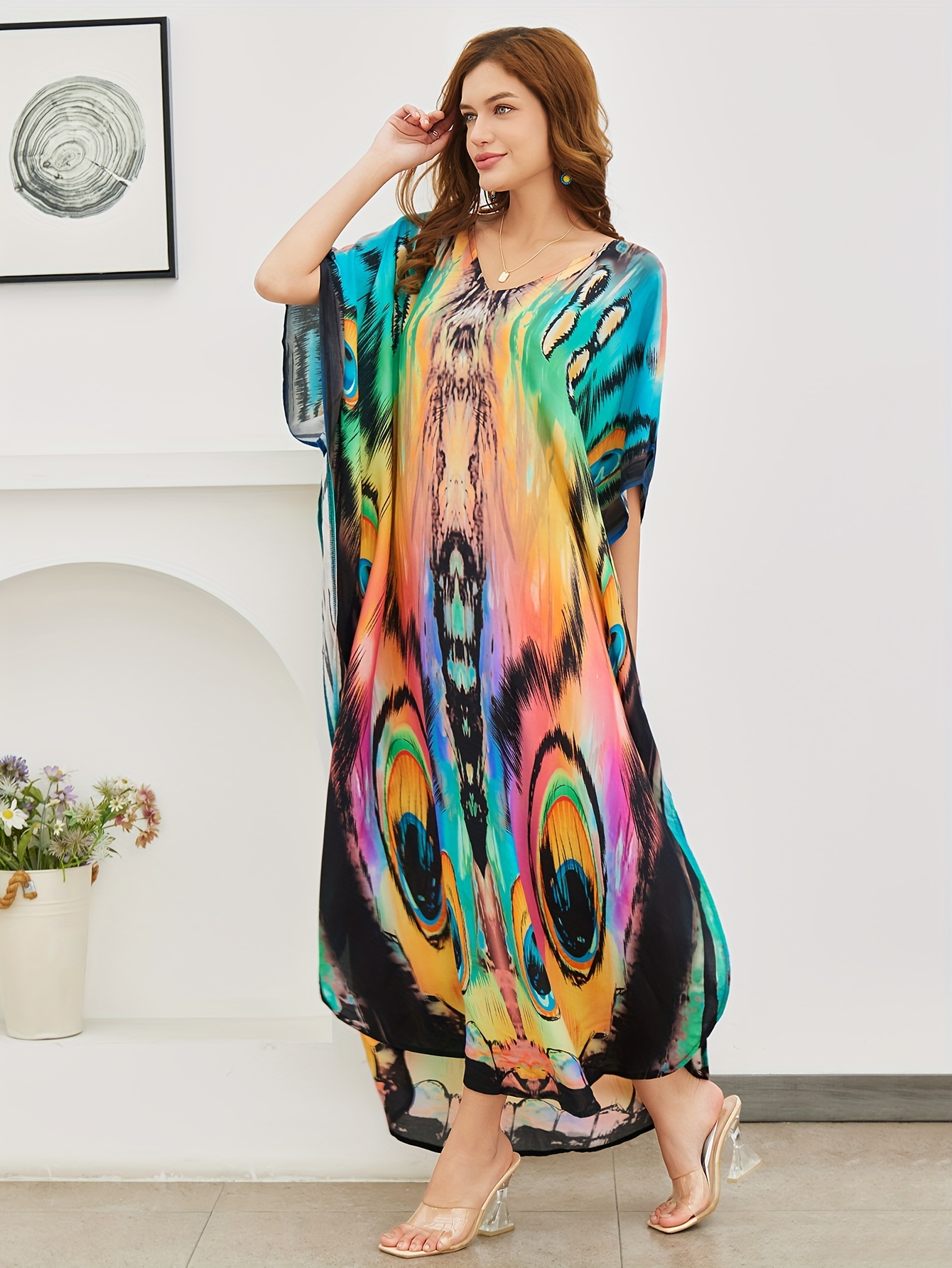 plus size allover print loose kaftan dress casual v neck batwing sleeve coverup maxi dress womens plus size clothing details 2