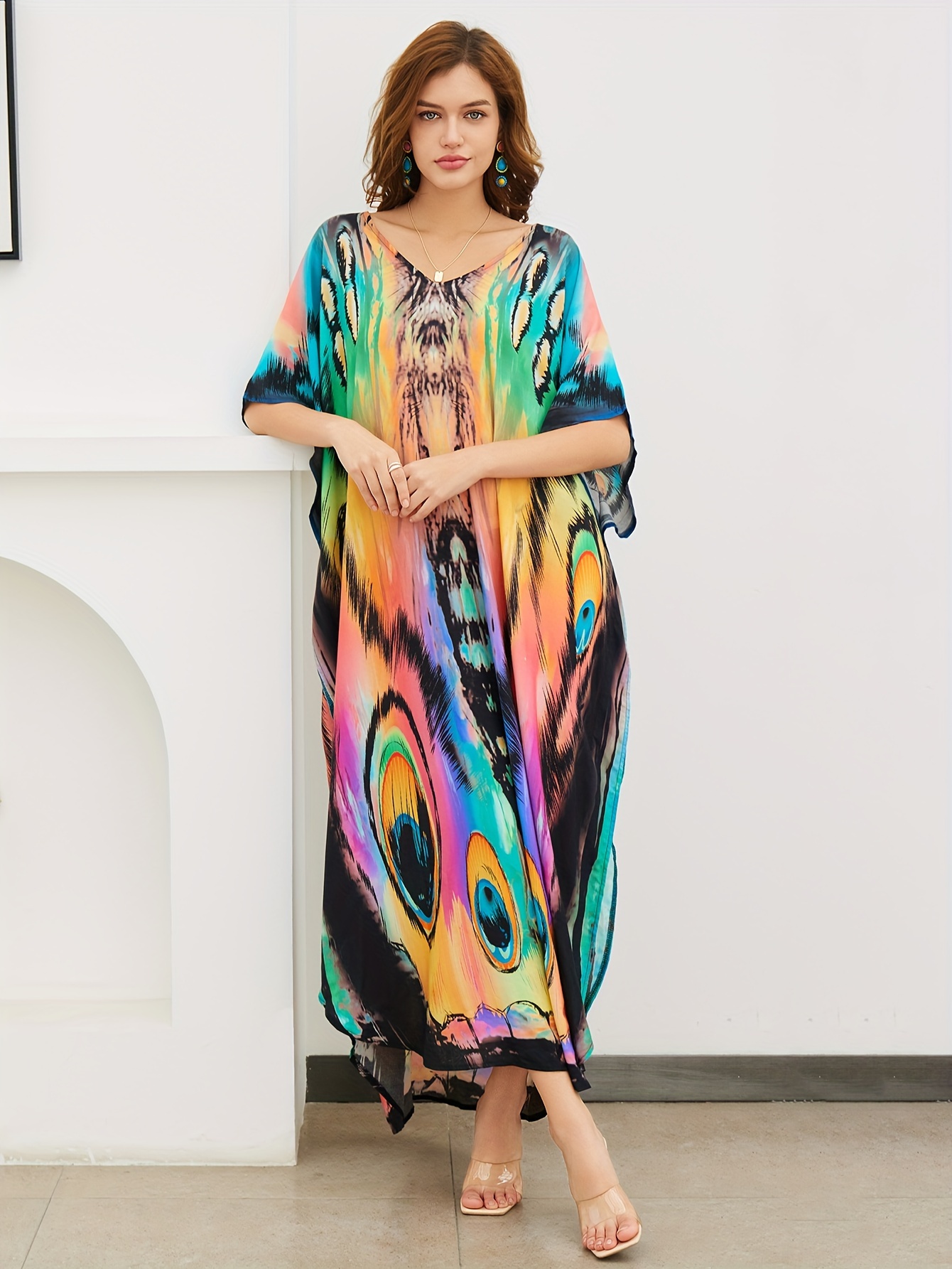 plus size allover print loose kaftan dress casual v neck batwing sleeve coverup maxi dress womens plus size clothing details 3