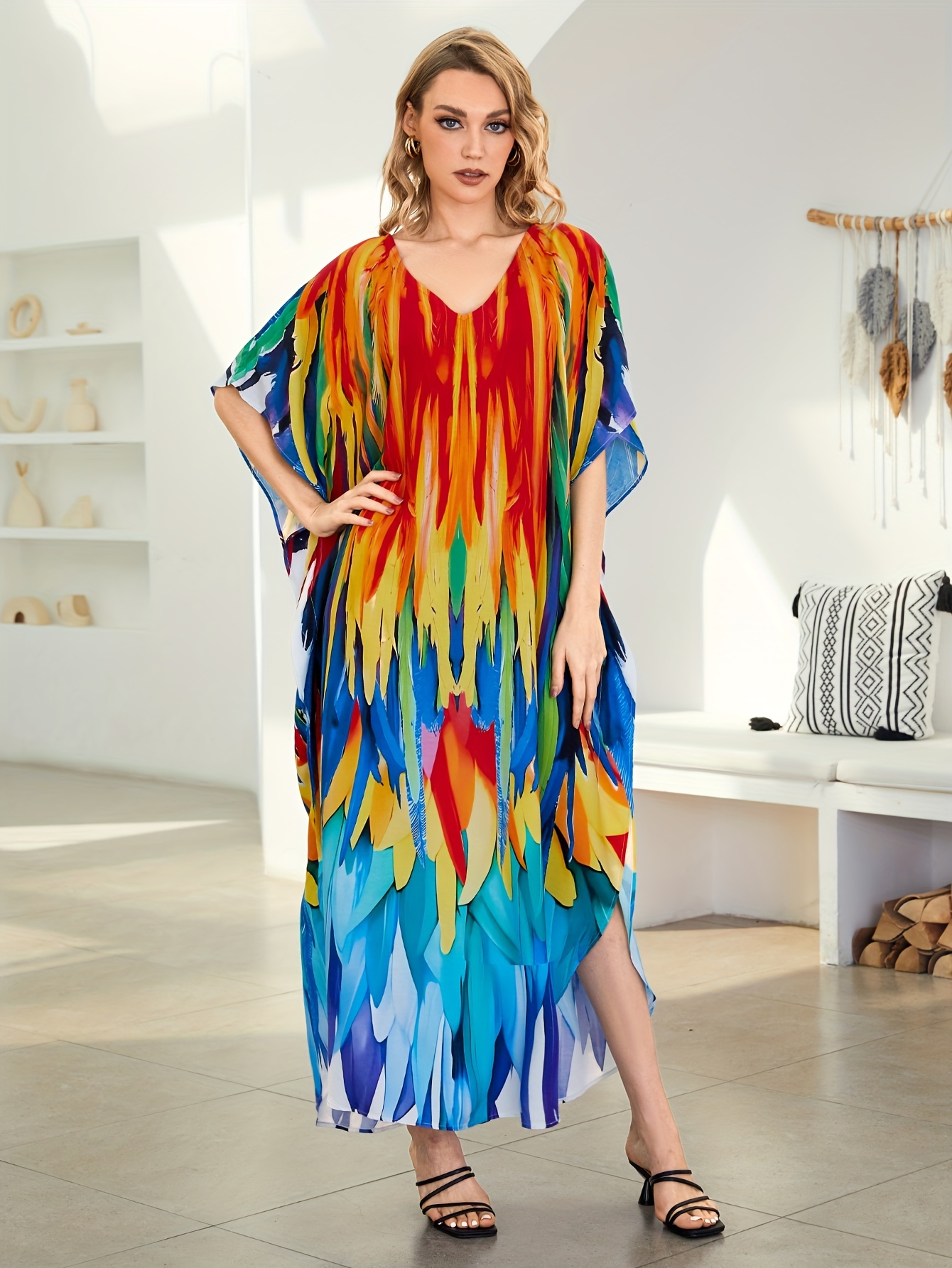 plus size allover print loose kaftan dress casual v neck batwing sleeve coverup maxi dress womens plus size clothing details 4