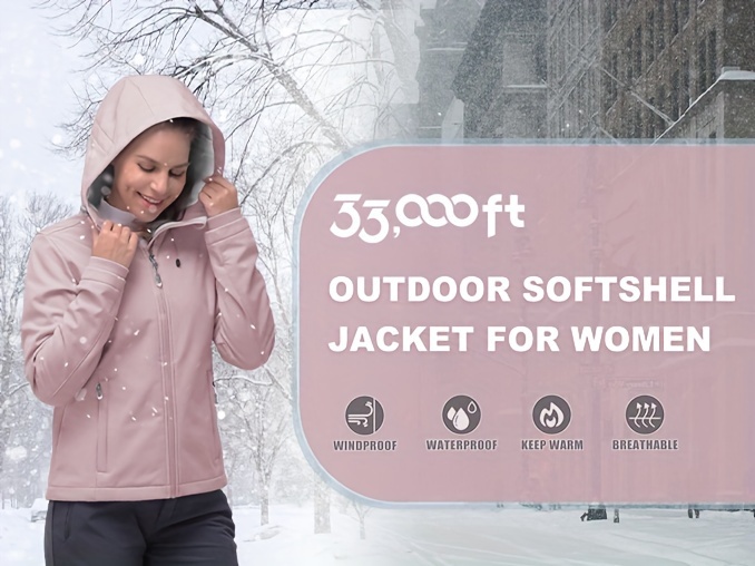 womens softshell jacket casual plush lined warm hooded   coat outdoor hiking windbreaker with adjustable hood and drawcord hem for winter fall details 0