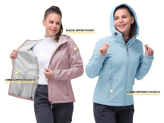 womens softshell jacket casual plush lined warm hooded   coat outdoor hiking windbreaker with adjustable hood and drawcord hem for winter fall details 4