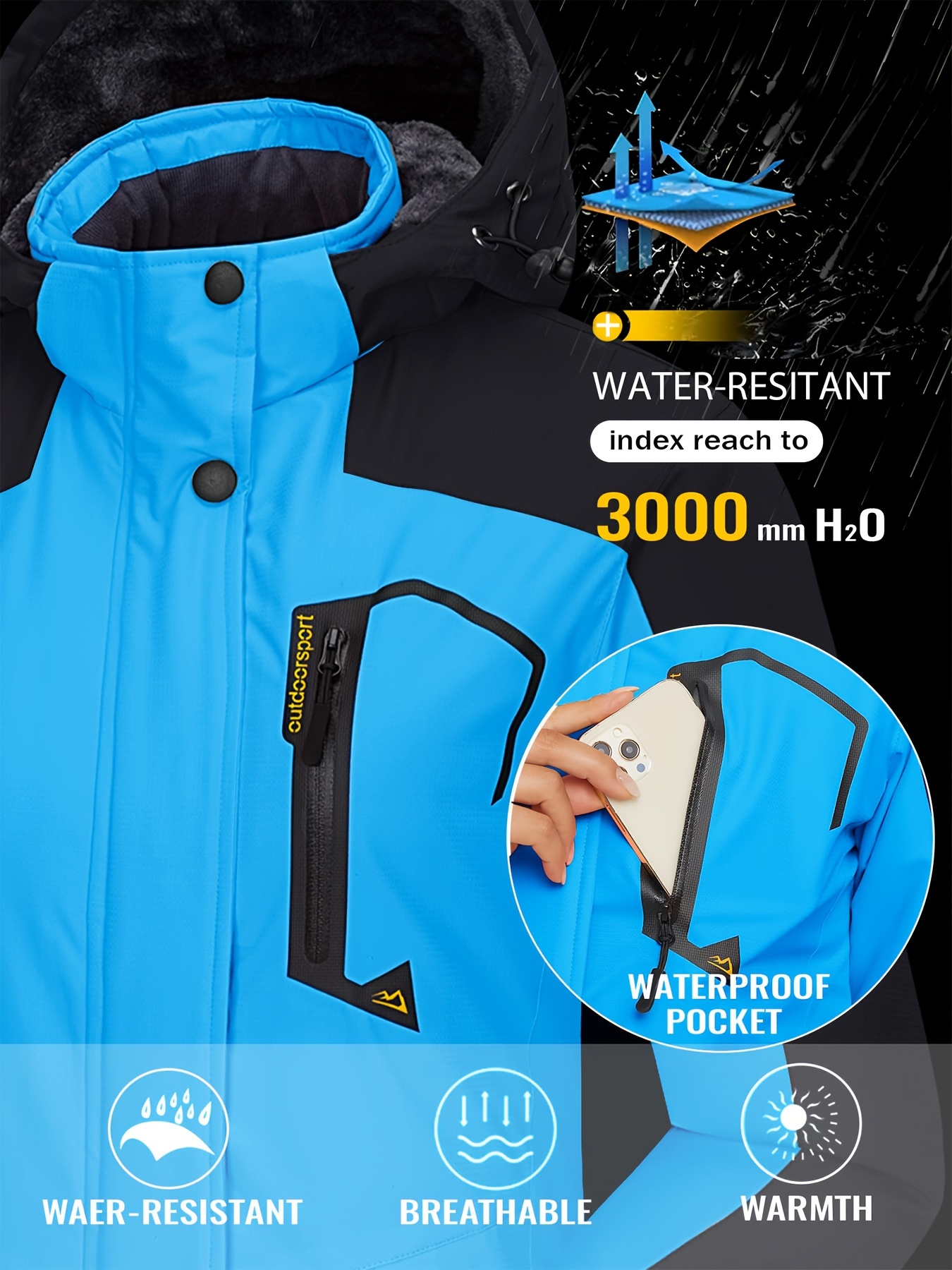 womens large size ski jacket winter waterproof   jacket bright colors fleece   warm comfortable coat hooded multiple pockets outdoor sports snowsports snowboarding hiking mountaineering camping daily casual   size jacket details 6