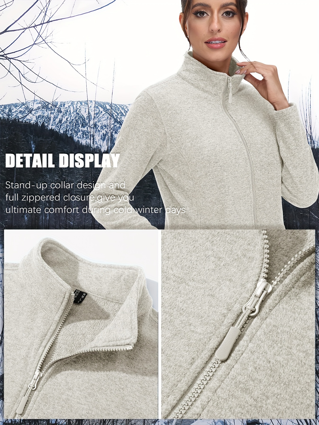 womens plus size fleece jacket full zip stand collar casual jacket autumn and winter warm coat lightweight   jacket 2 zipper pockets   wear   office to school home outdoor   activities large size fleece jacket details 7