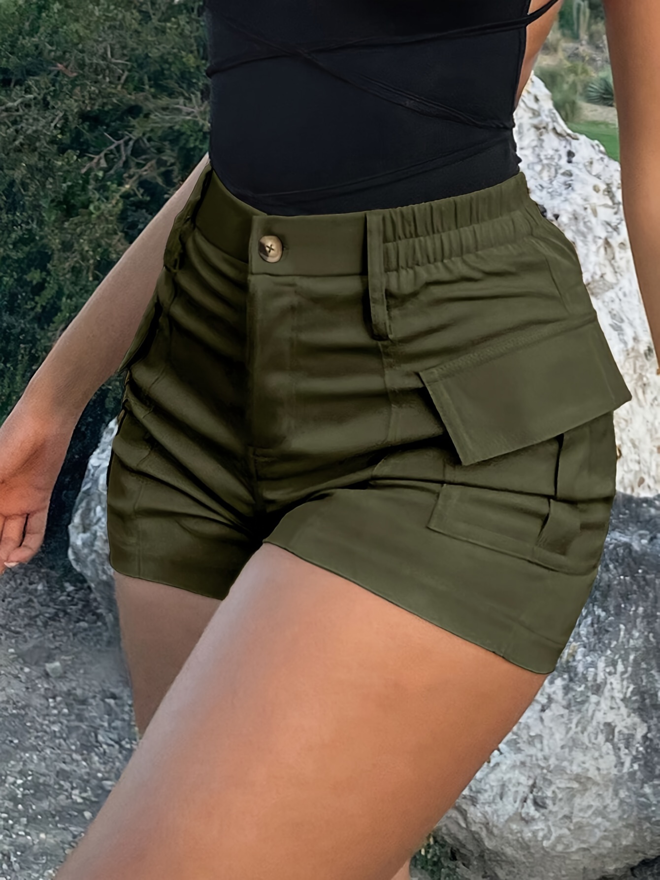 flap pocket high waist cargo shorts vacation fashion shorts for   womens clothing details 3